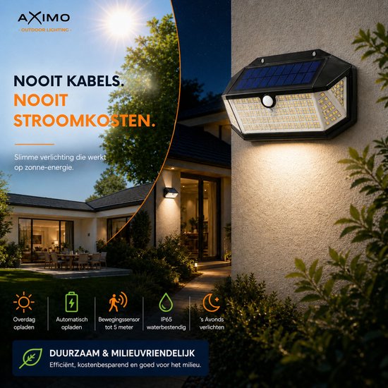 AXIMO solar buitenlamp verlicht een huis aan de buitenkant. Geen kabels, geen stroomkosten. Werkt op zonne-energie, duurzaam en milieuvriendelijk.
