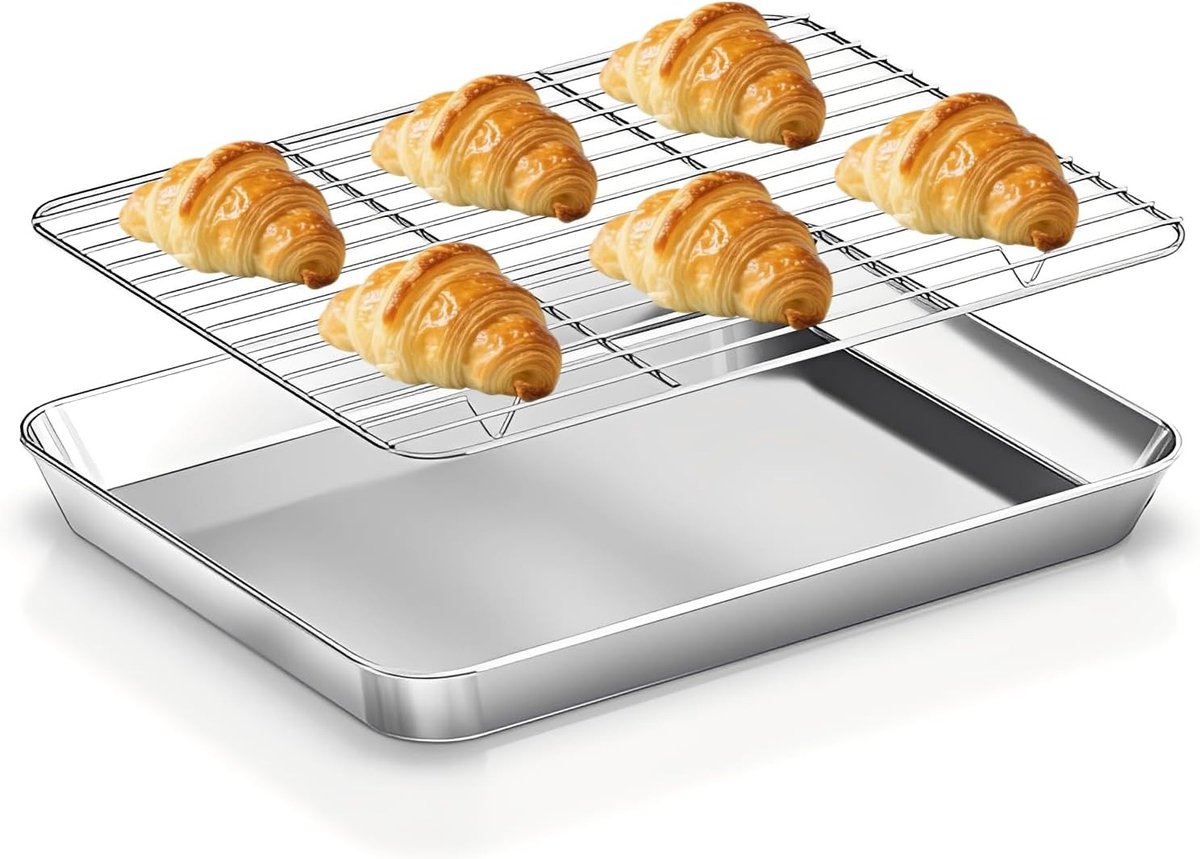 Grote RVS Bakplaat met Koelrooster, 40.5 x 30.5 x 2.8 cm, Ideaal voor Bakken, Roosteren en Koelen, Vaatwasserbestendig