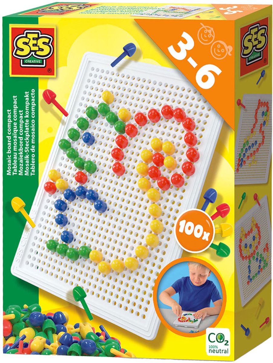 SES Creative - Mozaïekbord Compact - Montessori speelgoed - inclusief 100 gekleurde pinnen in 4 kleuren - herbruikbaar - creatief speelgoed
