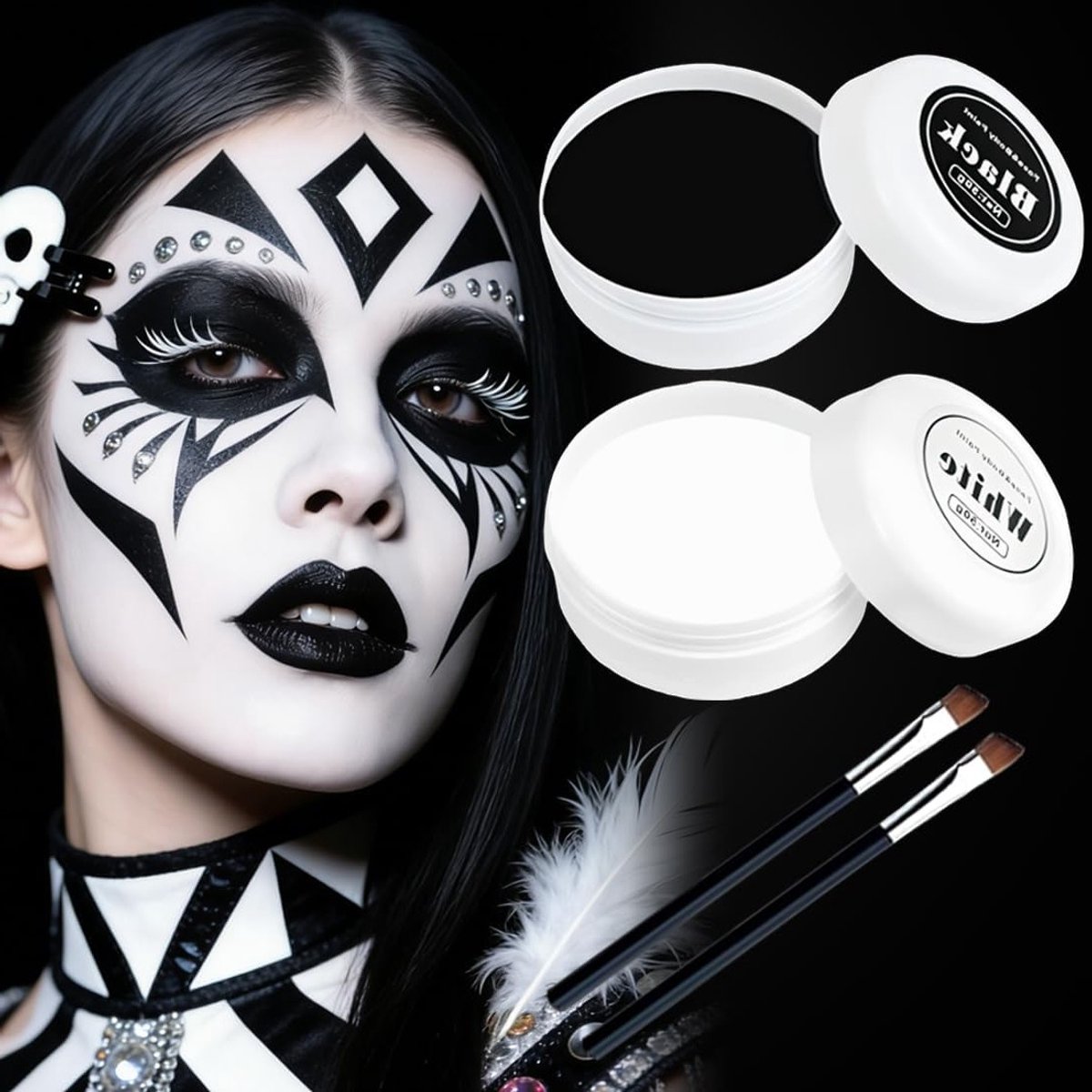 Halloween Make-up Set met Zwarte en Witte Lichaamsverf (50g) en 2 Kwasten - Perfect voor Theater, Carnaval en Feestjes