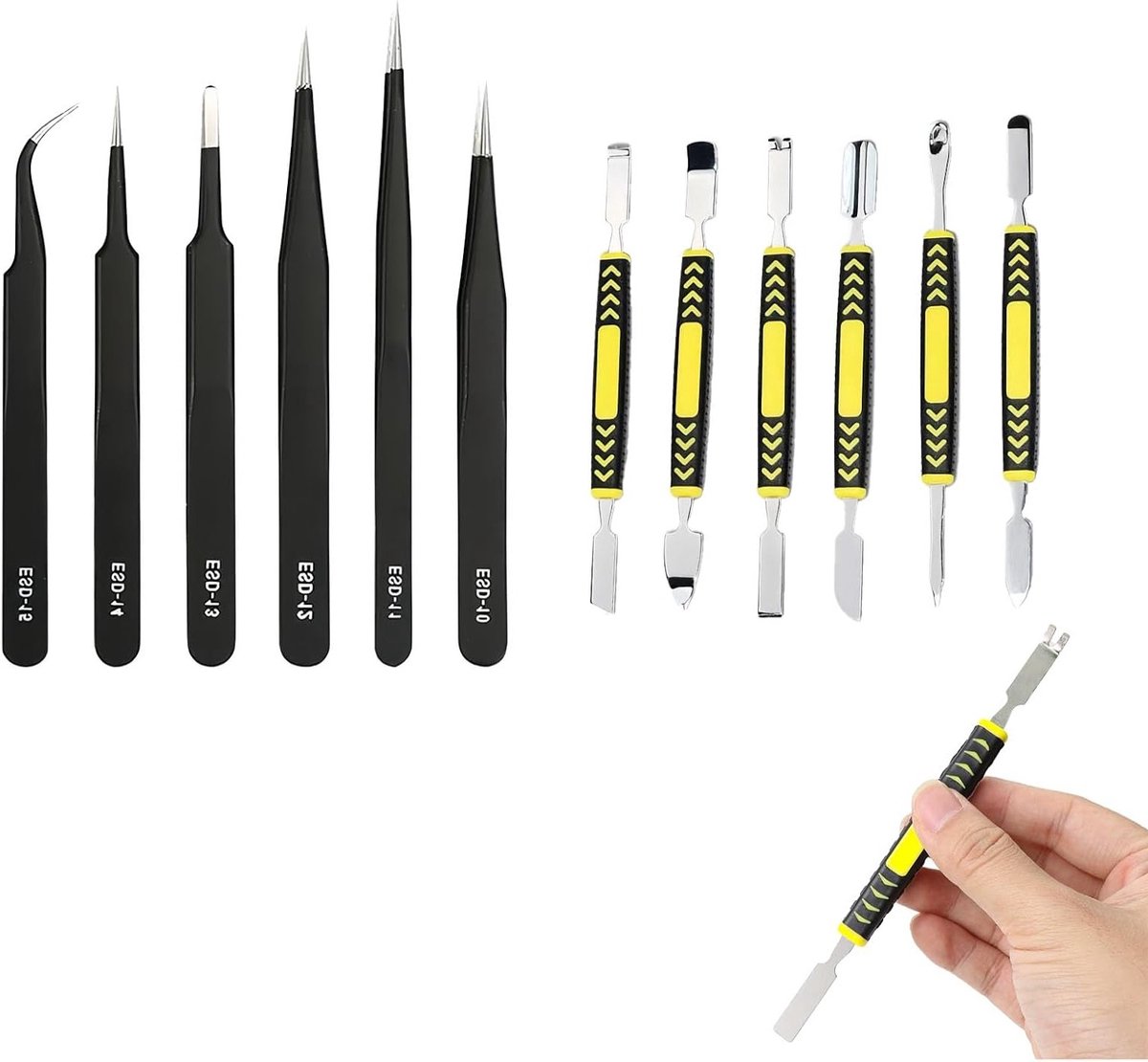 Professionele set met metalen hefboomstangen en dubbele kop voor demontage - Reparatieset met 6 hefboomstangen en 6 pincetten, ideaal voor mobiele apparaten, laptops en elektronica.