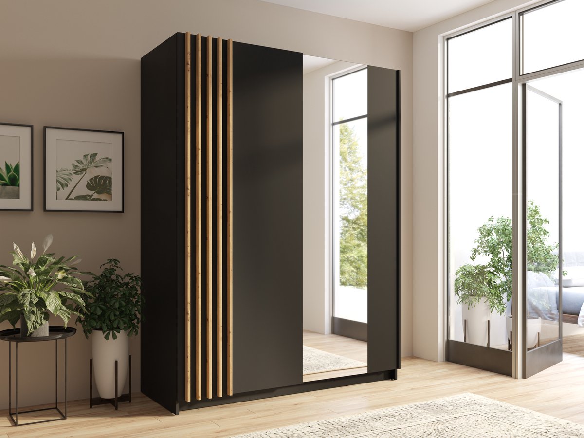Promeubels - Kledingkast Bologna - 150cm - Zwart mat - Spiegel - Lamellen - Slaapkamer - Opbergkast - Schuifdeuren - Kast