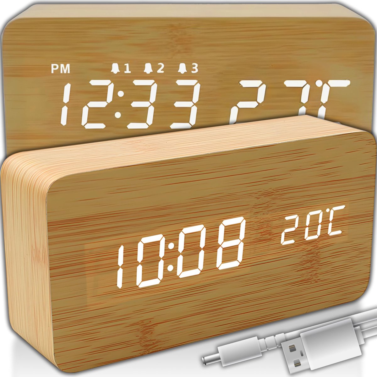 Retoo Digitale Houten Wekkerradio met Temperatuurweergave - LED Tafelklok voor Slaapkamer en Kantoor