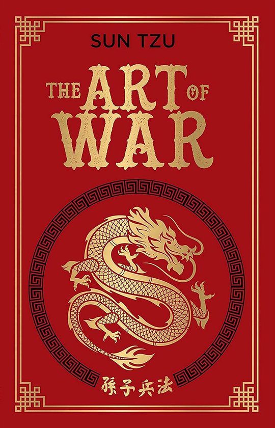 Boekomslag van "The Art of War" door Sun Tzu met gouden draak en rode achtergrond.