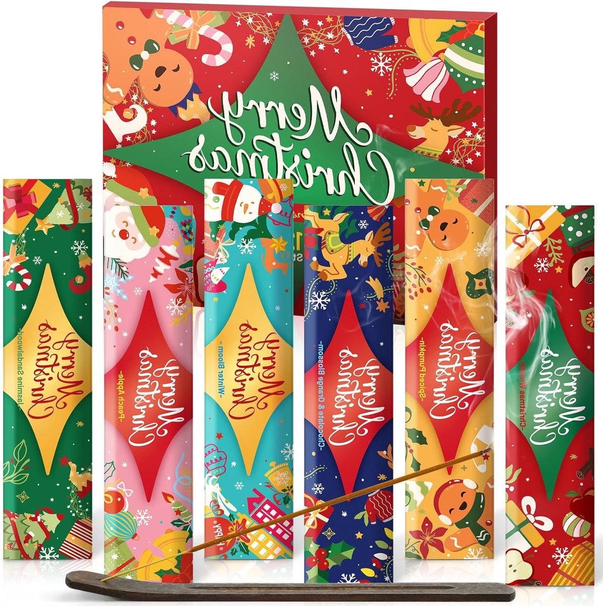 Set van 120 wierookstokjes met winterbloesem, jasmijn, sandelhout en perzik-appel - inclusief houder en ideaal als kerstcadeau voor aromatherapie en ontspanning