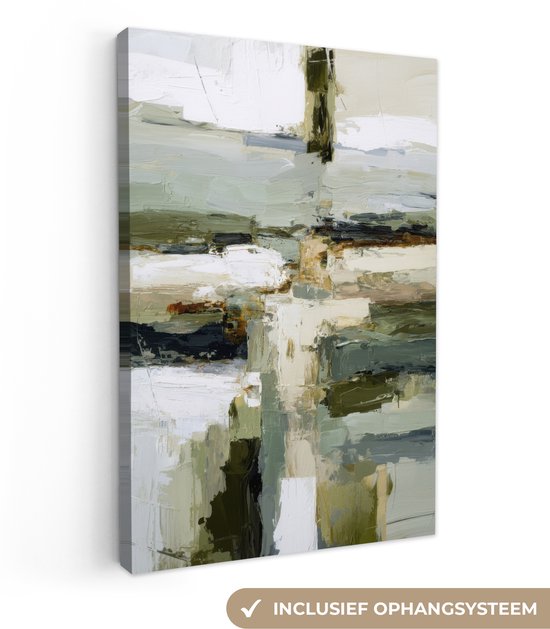 Abstract canvas met verfstreken in groen, wit en bruin, hangend aan de muur, inclusief ophangsysteem.