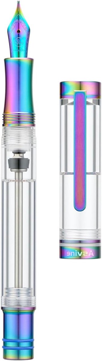 Titanium Vulpen met Vacuüm Navulling, Regenboog Medium Nib, Duidelijke Acryl Demonstrator met Pennenhoes en Sleutel, Perfect voor Schrijven en Geschenk
