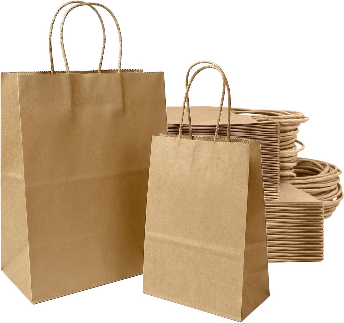 Kraftpapieren geschenkzakken met handvat, 50 stuks, groot formaat voor verjaardag, bruiloft, Kerstmis, winkelen en verpakking, 21 x 8 x 15 cm, 27 x 11 x 21 cm