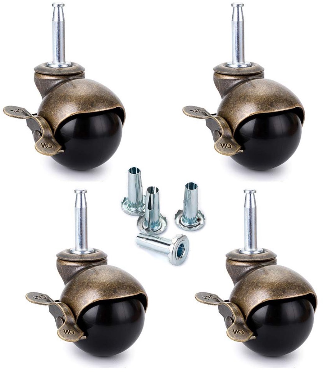 Bronzen Meubelswielen met Rem en Bushings - 50 mm Ronde Vervangingswielen voor Stoelen, Banken en Kasten - Set van 4 (Draadstaafmaat 8 x 38 mm)