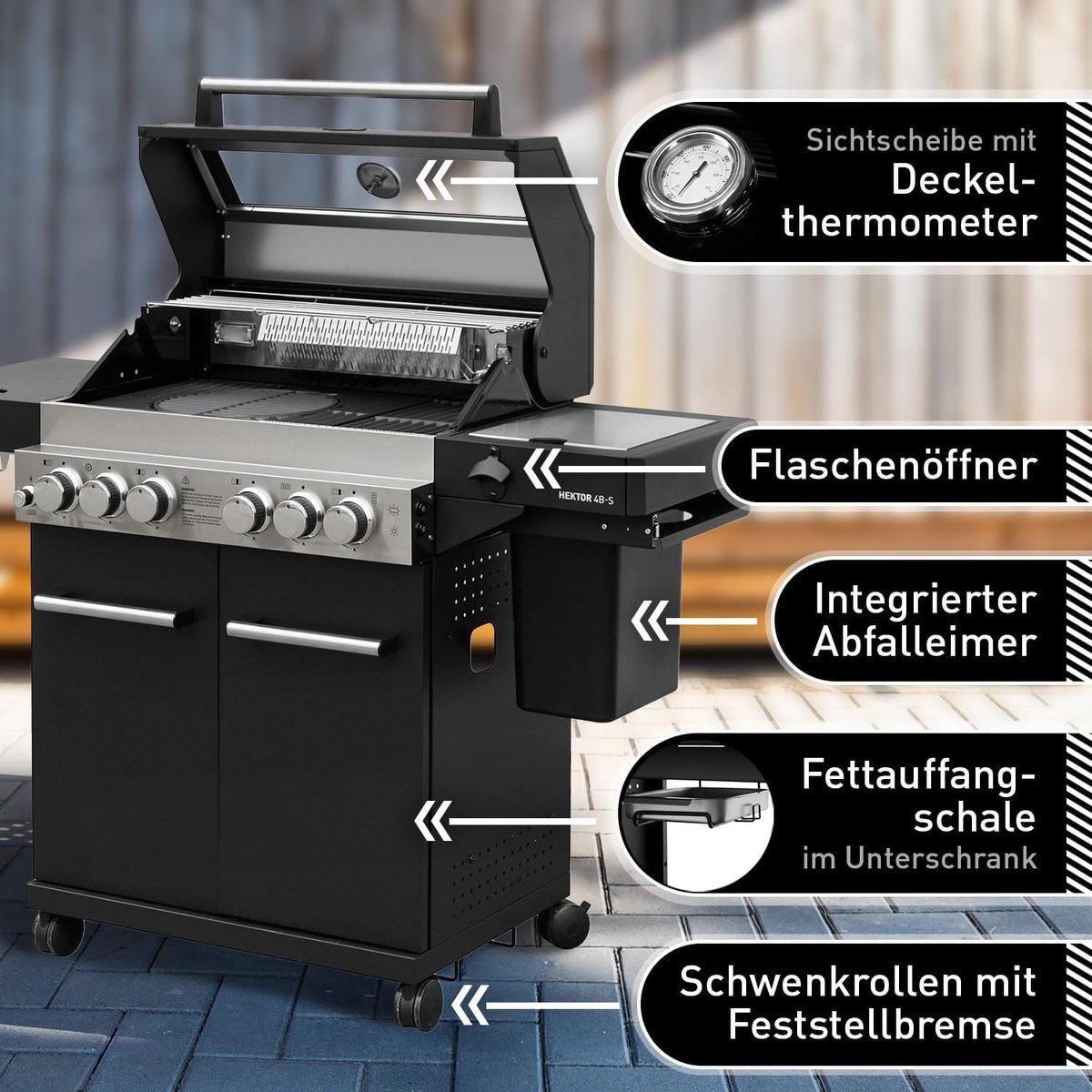 Gasbarbecue 4 Branders 57 x 139,6 x 115,4 cm – Premium Buitenkeuken met Draaispit, Sear Brander, Zijbrander, Achterbrander, Gietijzeren Grillroosters, Thermometer & Kijkvenster – HomebyNicole