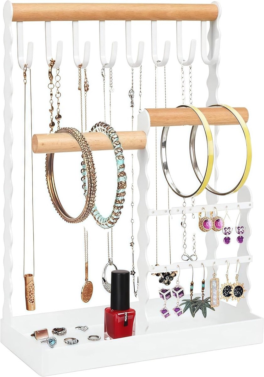 Sieradenhouder met houten ring en bladeren, staander voor kettingen, oorbellen en armbanden, ideaal voor opbergen van sieraden en accessoires