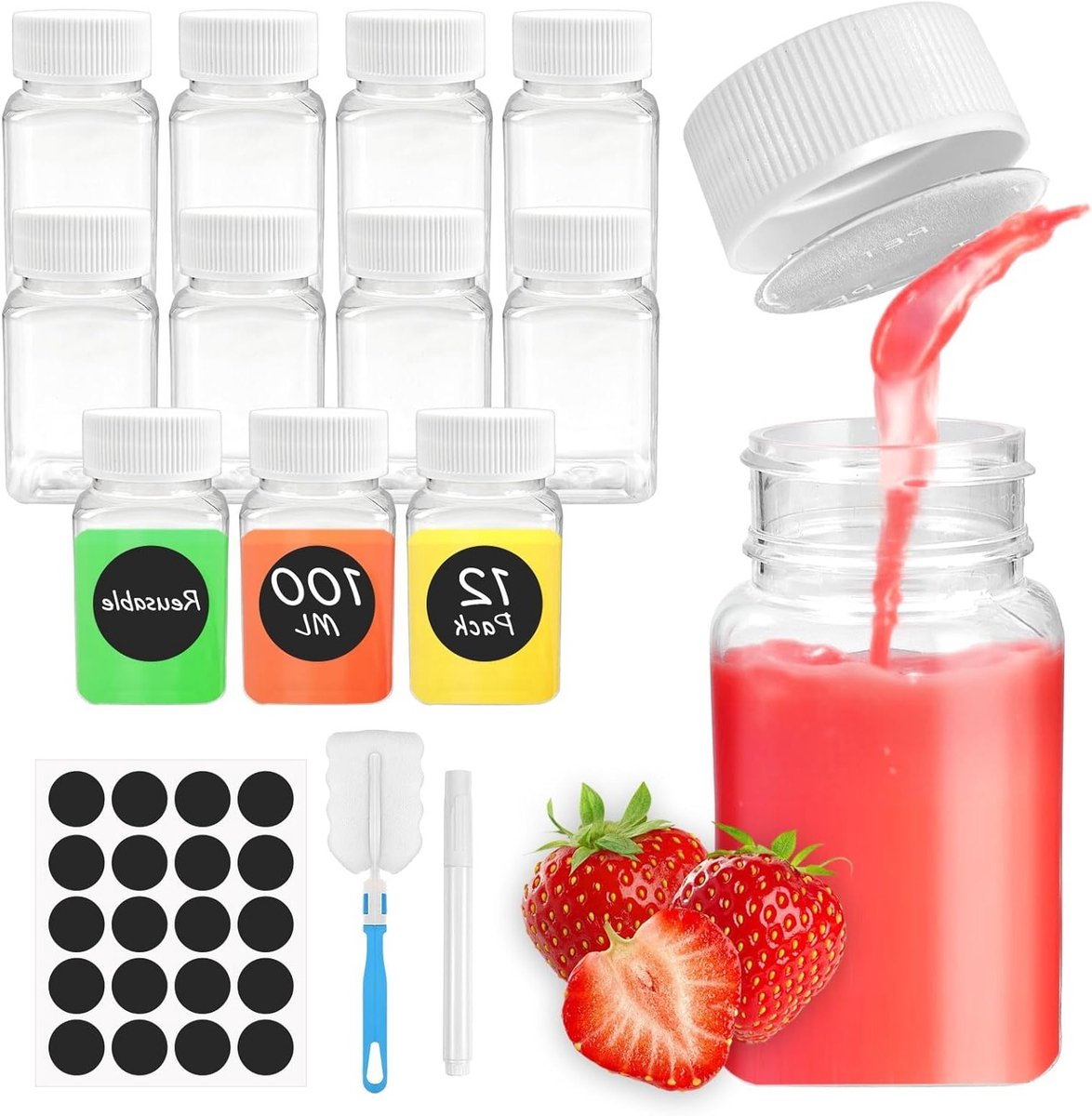 Set van 12 Lege Plastic Flessen voor Smoothies en Sappen, 60ml/100ml, Met Deksel en Stickers voor Makkelijk Labelen
