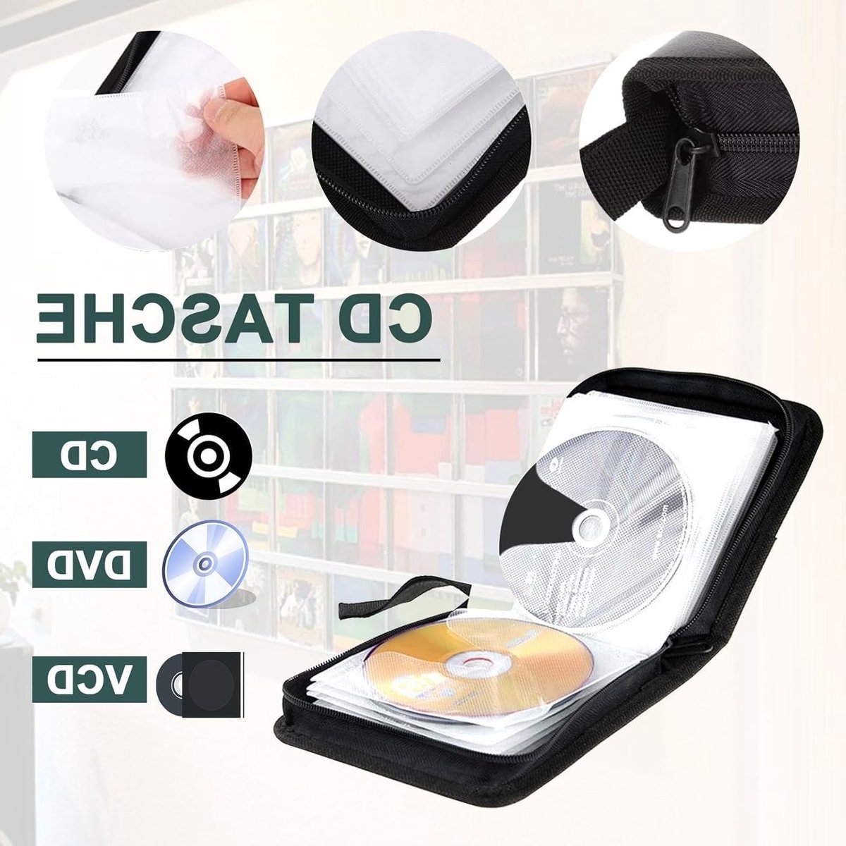 Opbergtas voor 40 CD's en DVD's van nylon met rits - Ideaal voor auto en thuis, groene kleur