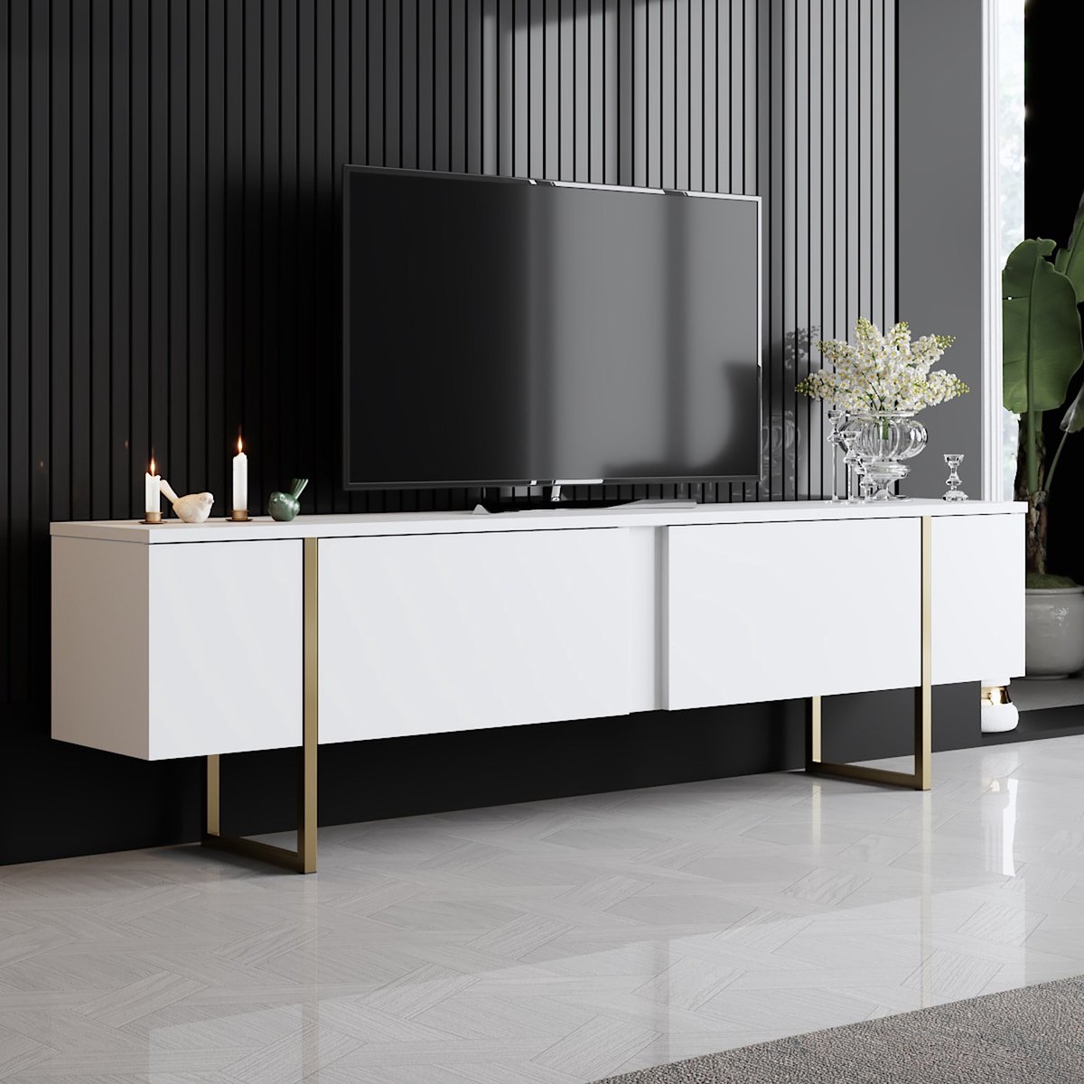 TV Meubels - Witte TV-Stand met Goud Melamine Gecoate Deeltjesbord - Afmetingen 180x30x50c