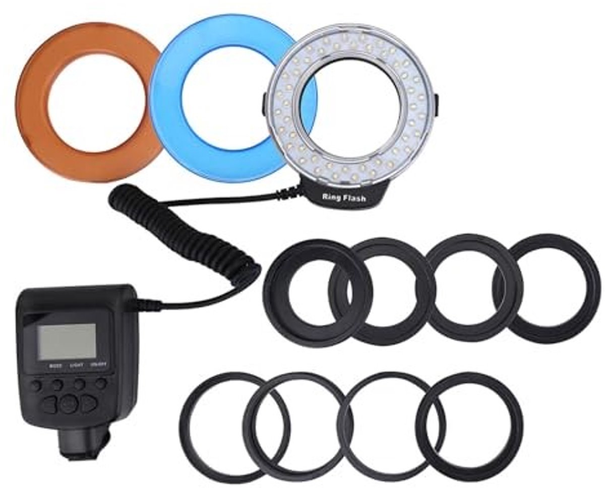 Allecto - LED Makroring Flash - Draagbare fotografie vullicht - Zwart - Dimbaar met filters - Voor reflexcamera's - Inclusief adapterringen