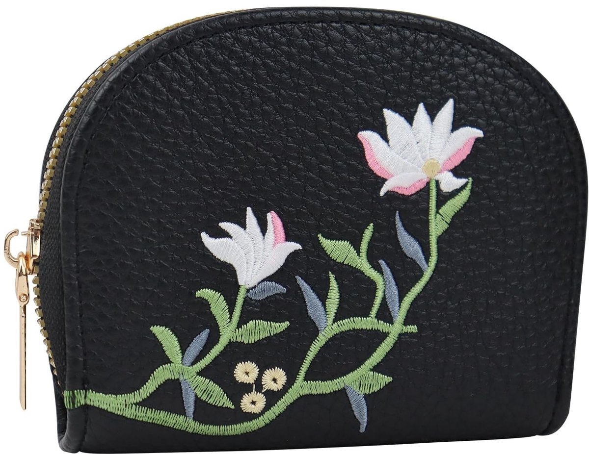Allecto - Credit Card Wallet - Retro Bloemen - Compact en Handig - Zwart - Zipper - Perfect voor Dames - Gift voor Vriendinnen