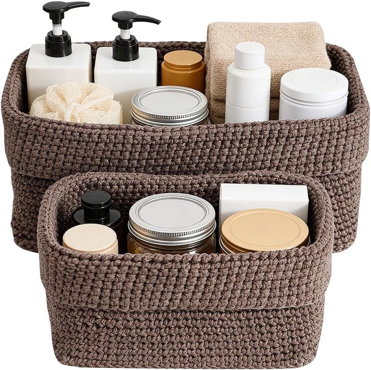 Stapelbare gevlochten opbergmanden van katoen voor handdoeken, speelgoed en cosmetica - 2 stuks (bruin)