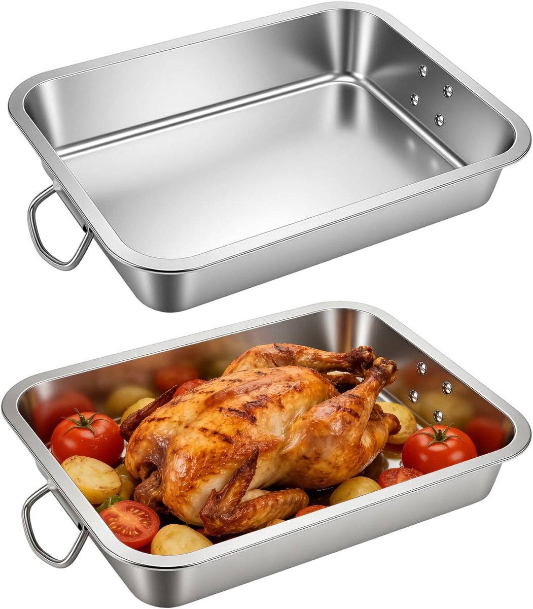 Grote RVS Ovenschaal met Handvat, 40cm Extra Grote Bakplaat voor Vlees en Groenten, Perfect voor Grillen en Bakken