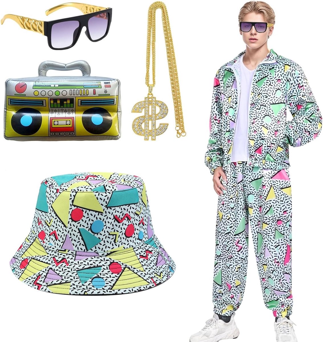 Retro outfit voor mannen uit de jaren 80 en 90, inclusief carnavalskostuum, vissershoed, zonnebril, ketting en opblaasbare radio voor themafeesten en carnaval