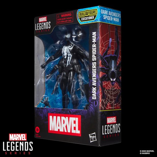 Marvel Legends Dark Avengers Spider-Man actiefiguur in verpakking, met spinnenweb details en zes extra armen.