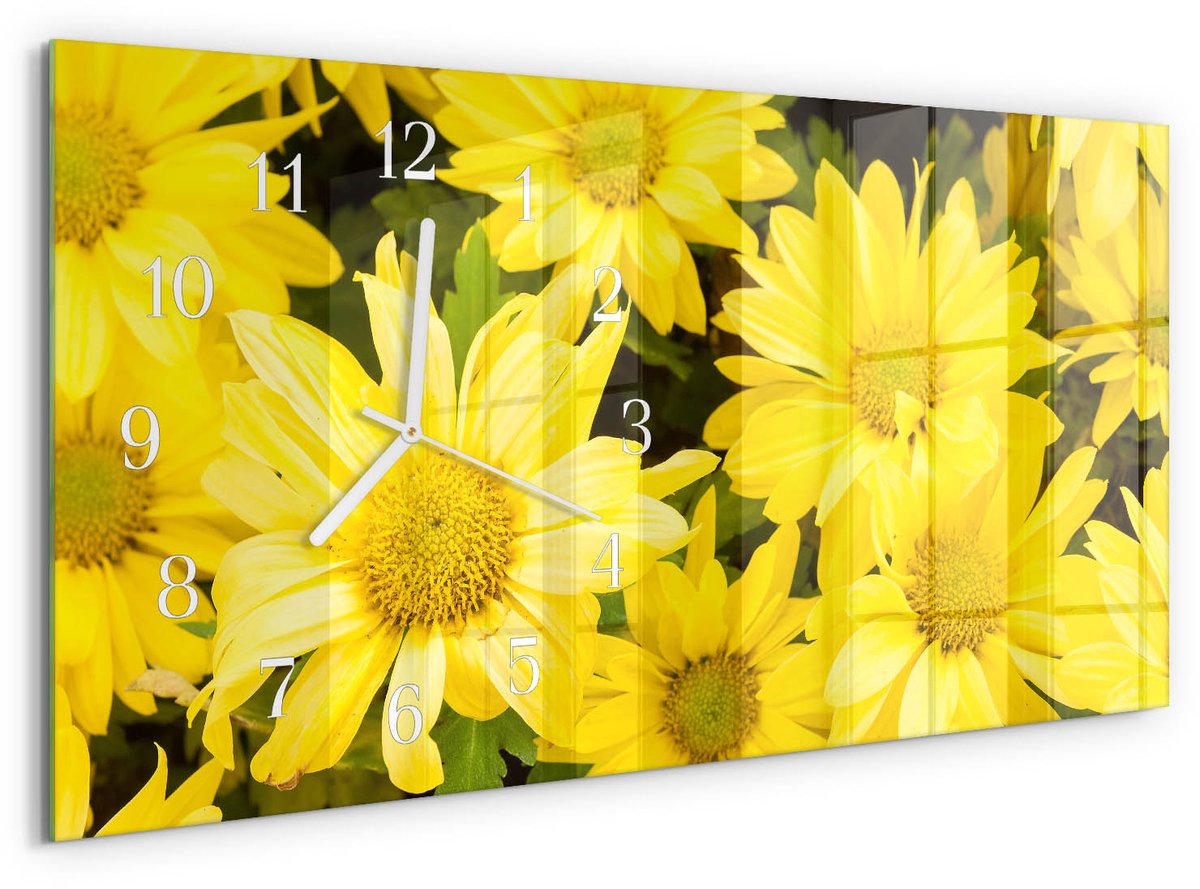 TULUP Wandklok - Gele bloemen Decoratieve Glazen Klok - 60x30 cm - Geel Glazen Wandklok Design - Witte Handen - Rechthoekige Wandklok - Glazen Wandklok Design - Klok Glas Met Opdruk Geel - Gele bloemen