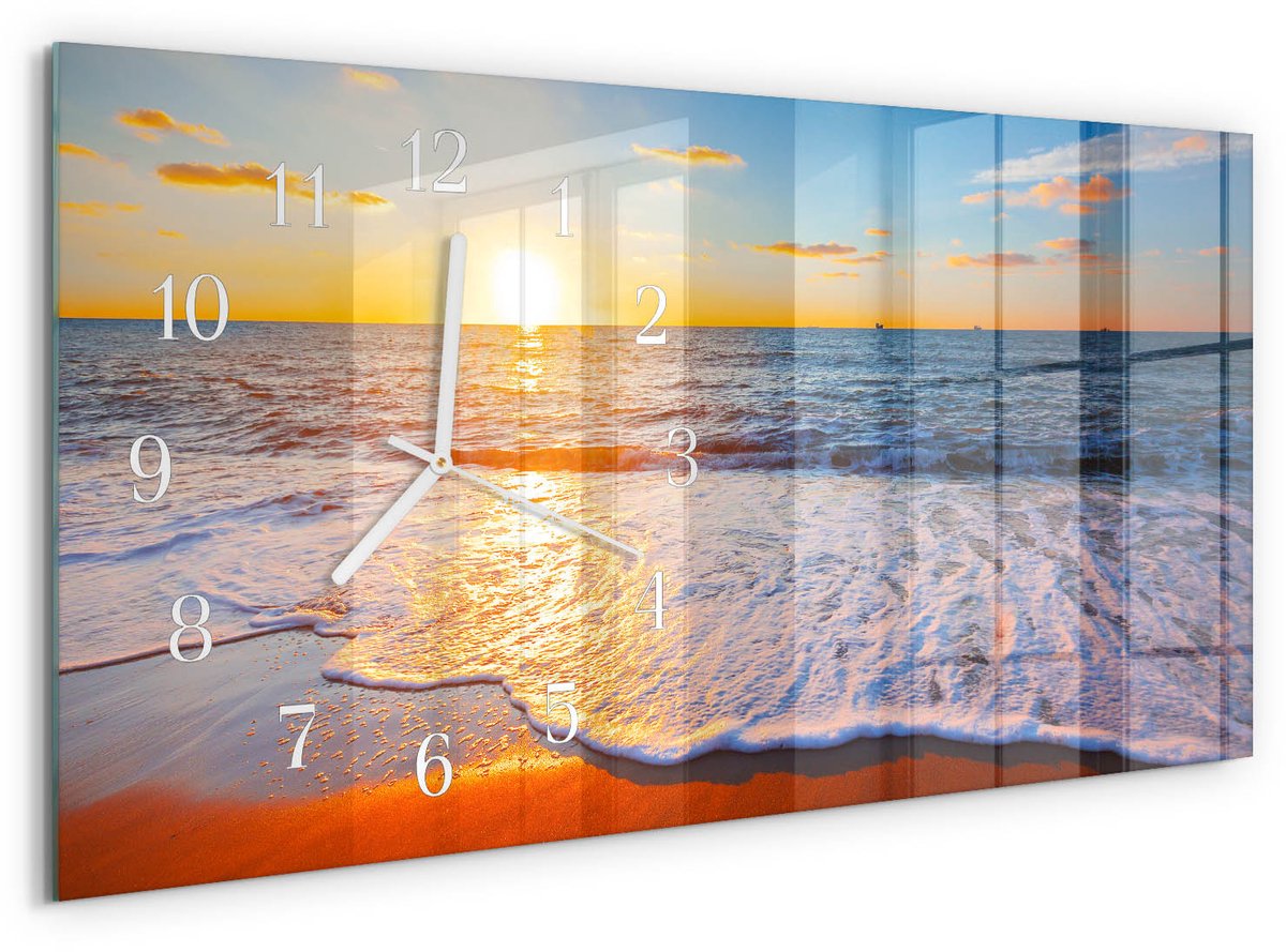 TULUP Wandklok - Zonsondergang Klok Glas Met Opdruk - 60x30 cm - Blauw Moderne Wandklok Glas - Witte Handen - Rechthoekige Wandklok - Glazen Klok Met Print - Wandklok Glas Met Motief Blauw - Zonsondergang