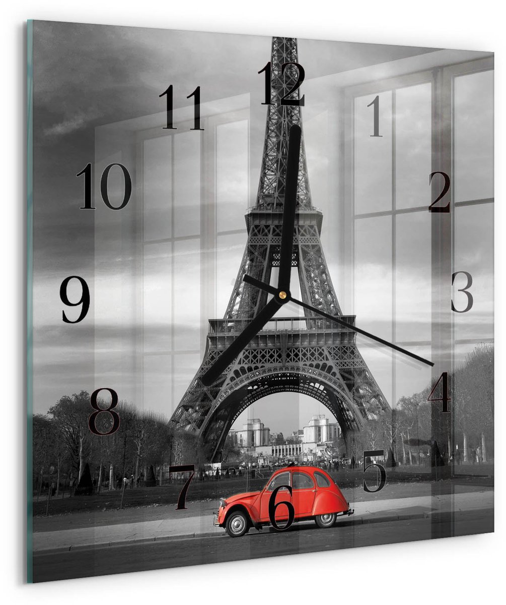 TULUP Wandklok - Eiffeltoren auto Glazen Wandklok Design - 30x30 cm - Rood Klok Glas Met Opdruk - Zwarte Handen - Vierkante Wandklok - Klok Glas Met Opdruk - Moderne Wandklok Glas Rood - Eiffeltoren auto