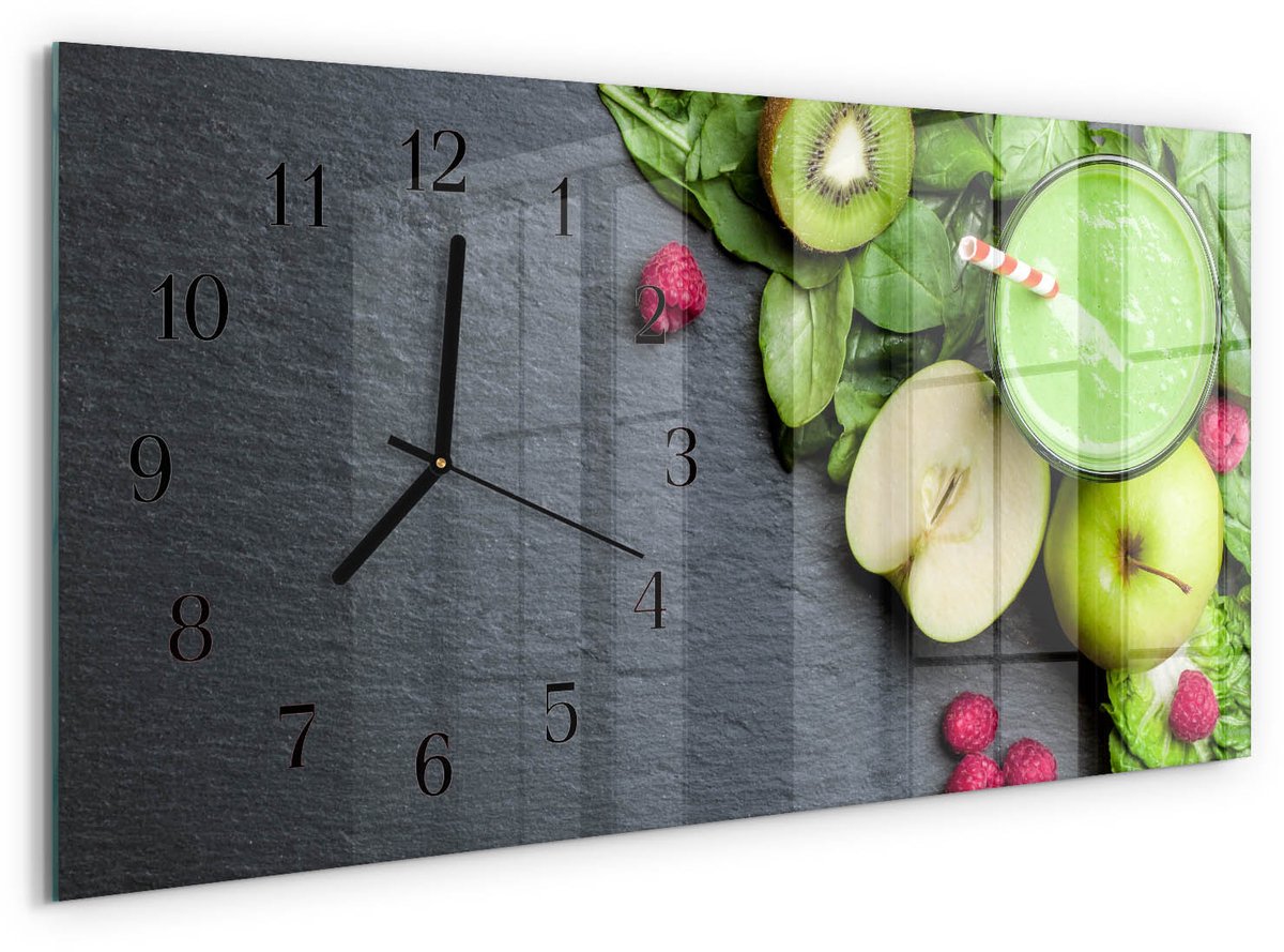 TULUP Wandklok - Fruitsmoothie Gekleurde Glazen Klok - 60x30 cm - Groente Glazen Klok Met Print - Zwarte Handen - Rechthoekige Wandklok - Glazen Klok Met Print - Wandklok Glas Met Motief Groente - Fruitsmoothie
