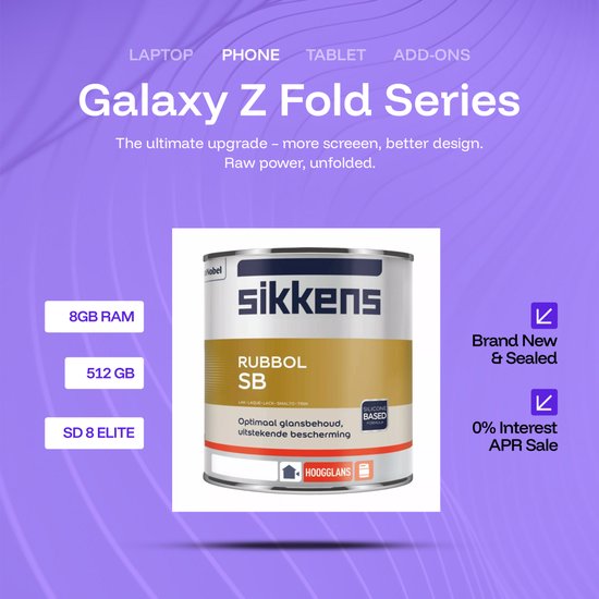 Sikkens Rubbol SB blik op een paarse achtergrond, naast Samsung Galaxy Z Fold Series advertentie. Tekst "RUBBOL SB" is zichtbaar.
