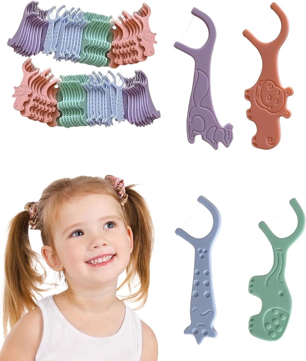 Set van 80 tandzijde sticks voor kinderen, slijtvast, geurloos, onbreekbaar, ideaal voor nauwe tussenruimtes en met ergonomische handgreep voor eenvoudig gebruik