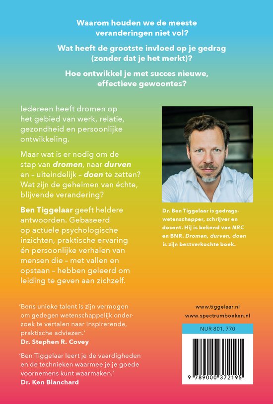Boekcover met portret van Ben Tiggelaar, de titel Dromen Durven Doen en beschrijvingen van het boek.