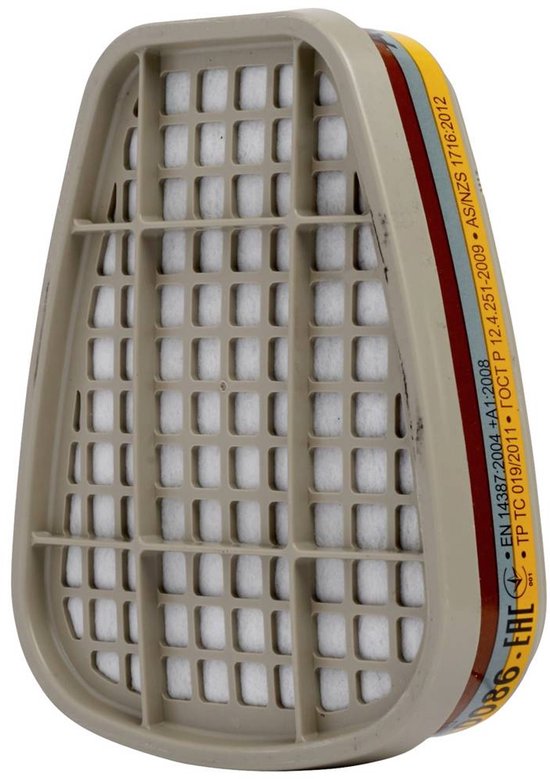 Voorzijde van een ABE1-filter met beige plastic omhulsel en een grijs rooster met wit filtermateriaal. Gele, rode en grijze banden aan de zijkant.