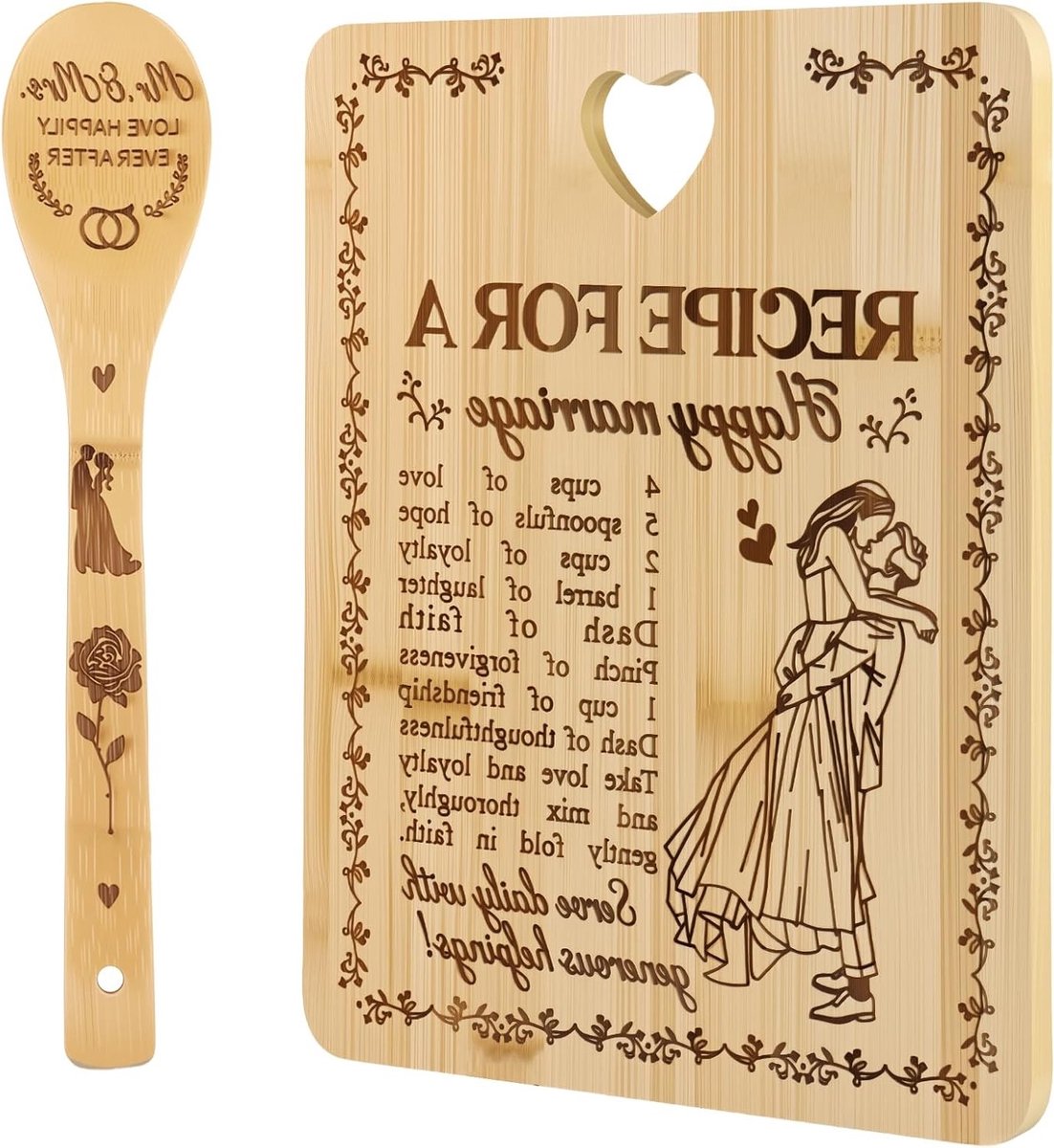 Gegraveerde Bamboe Snijplank set met lepel - Cadeau voor Bruiloft, Jubileum of Valentijn