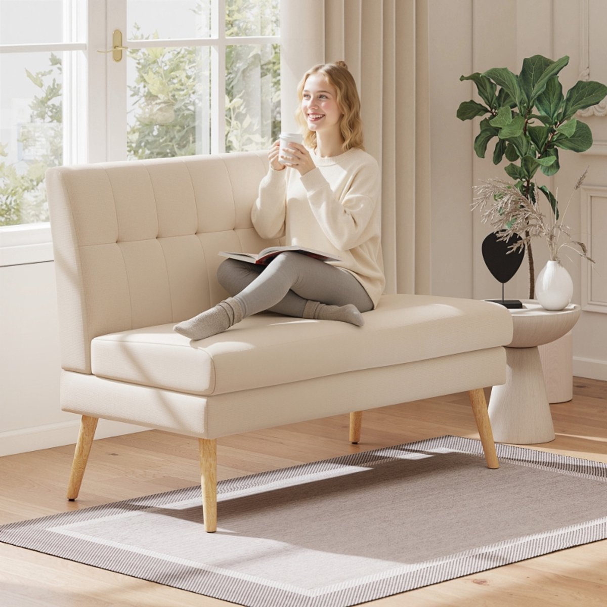 REDOM 2-Zitsbank - Gecapitonneerde Rugleuning - Modern - Voor Kleine Ruimtes - Houten Poten - Beige - 118 X 68 X 90 Cm