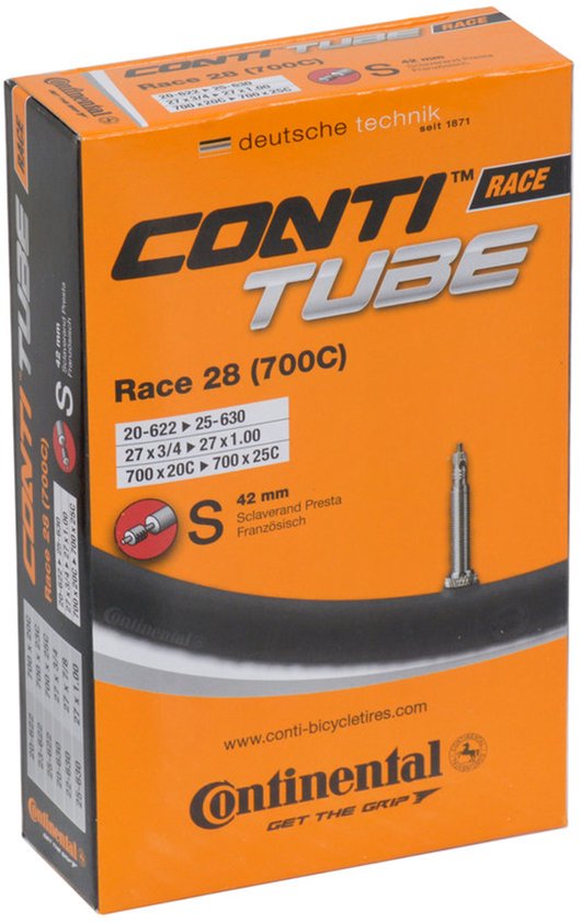 Een Continental Race 28 (700C) fietsbanden doos met een afbeelding van een Presta ventiel van 42 mm. Technische details staan op de voorkant.