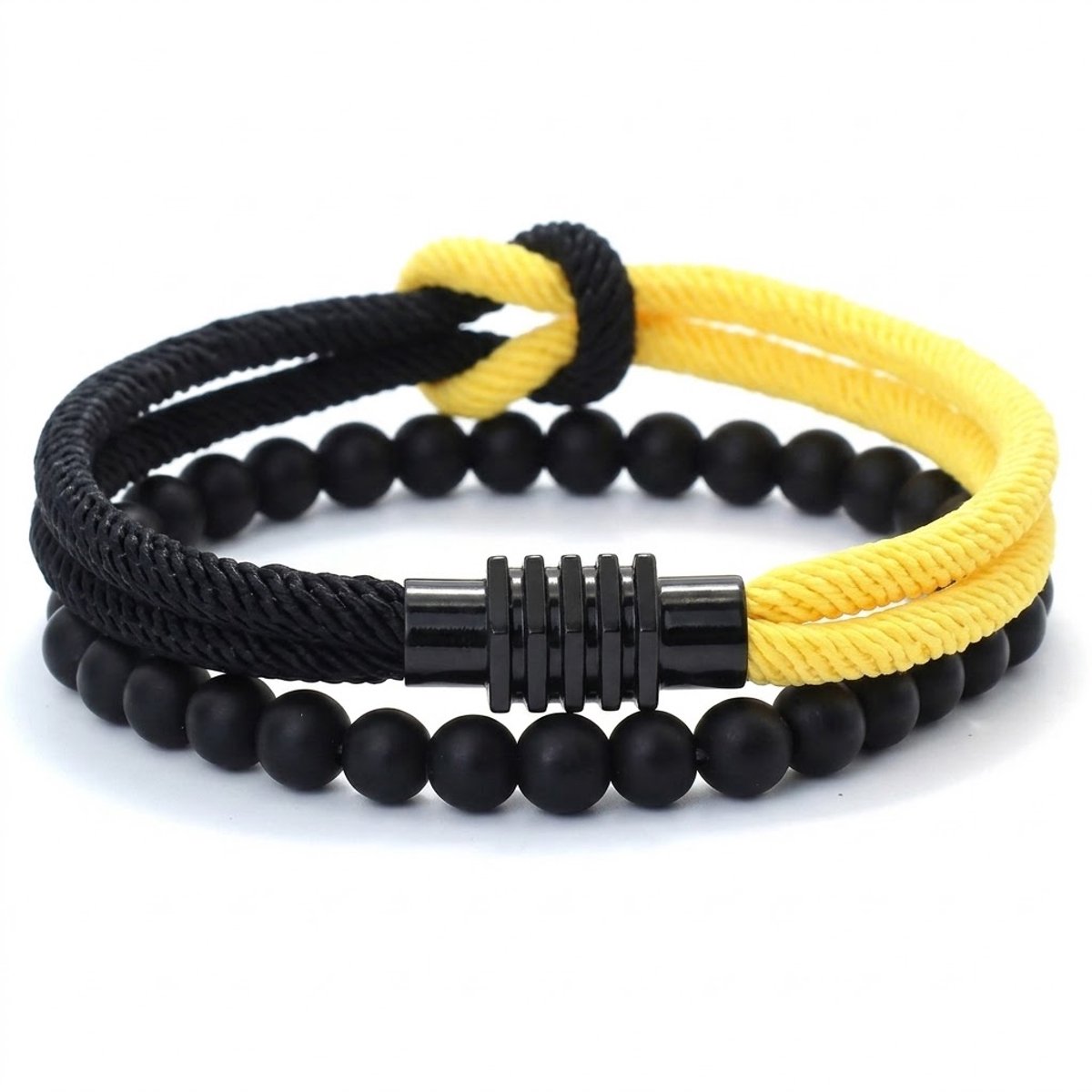 Set van 2 heren armbanden – zwart/geel koordarmband & zwarte kralenarmband – elastisch en verstelbaar