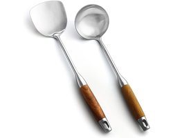 KZQ Wokspatel en soeplepelset van 304 roestvrij staal, wokspatel met houten handvat, soeplepel 38 cm (15 inch) lang, tweedelige set.