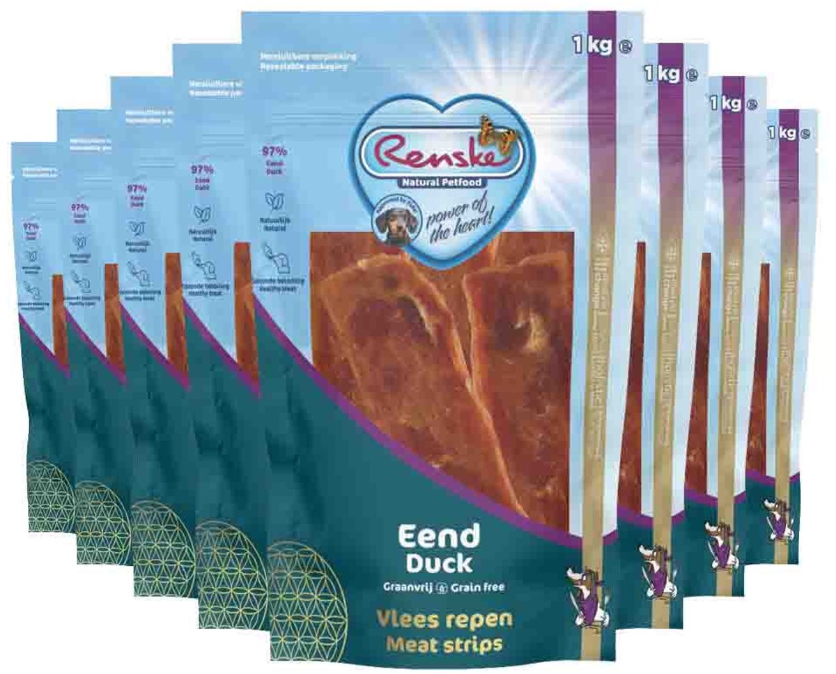 Renske Gezonde Beloning Vleesrepen Hondensnack Eend - 8 x 1 kg - Voordeelverpakking