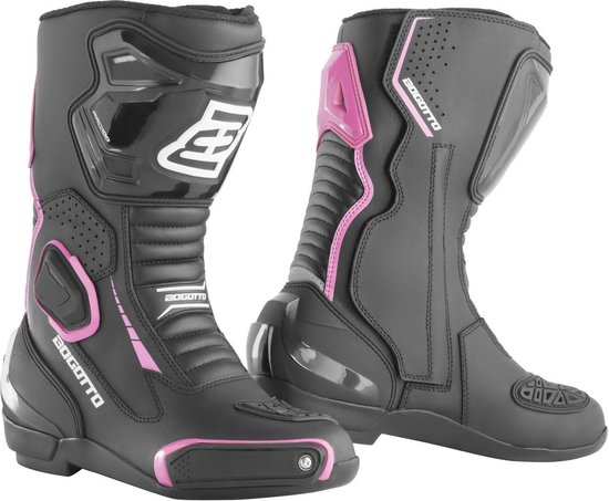 Zwarte Bogotto dames race motorlaarzen met roze accenten en ventilatieperforaties. Logo op de zijkant.