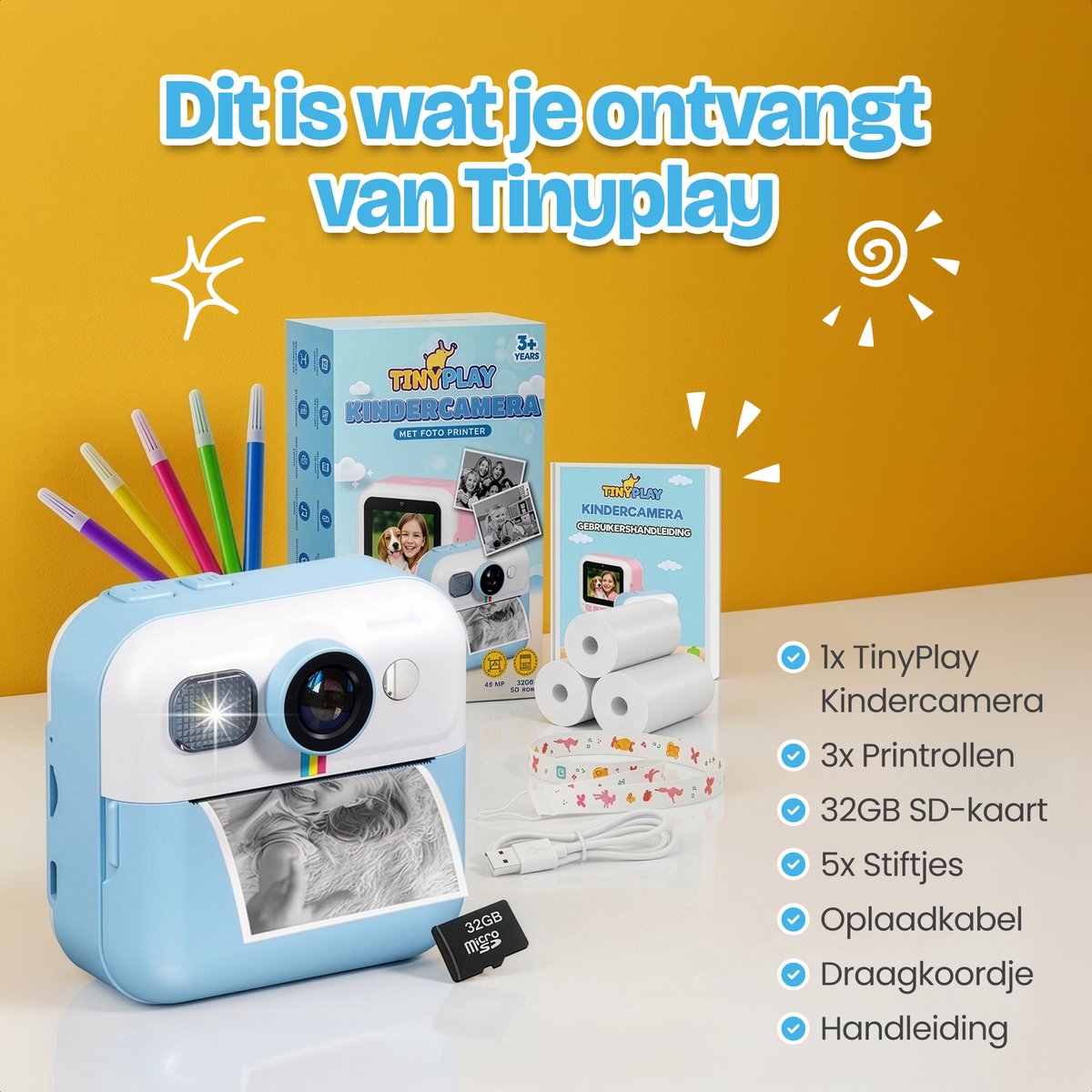 TinyPlay Kindercamera met foto printer - 48MP - Digitale Camera Kinderen - 32GB SD kaart - Full HD Foto en Video - Spelletjes - Fotoprinter - Kinder camera - Digitale kindercamera - Blauw — afbeelding 7