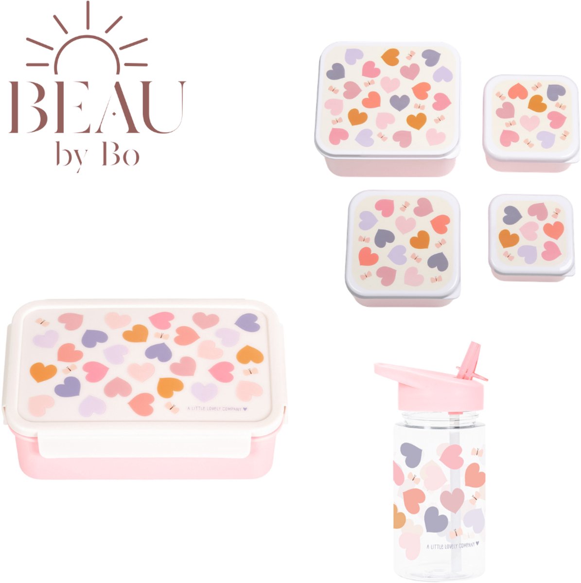 Bundel A Little Lovely Company Back to school set - Drinkfles/4 Snackdozen/Bentobox - Hearts