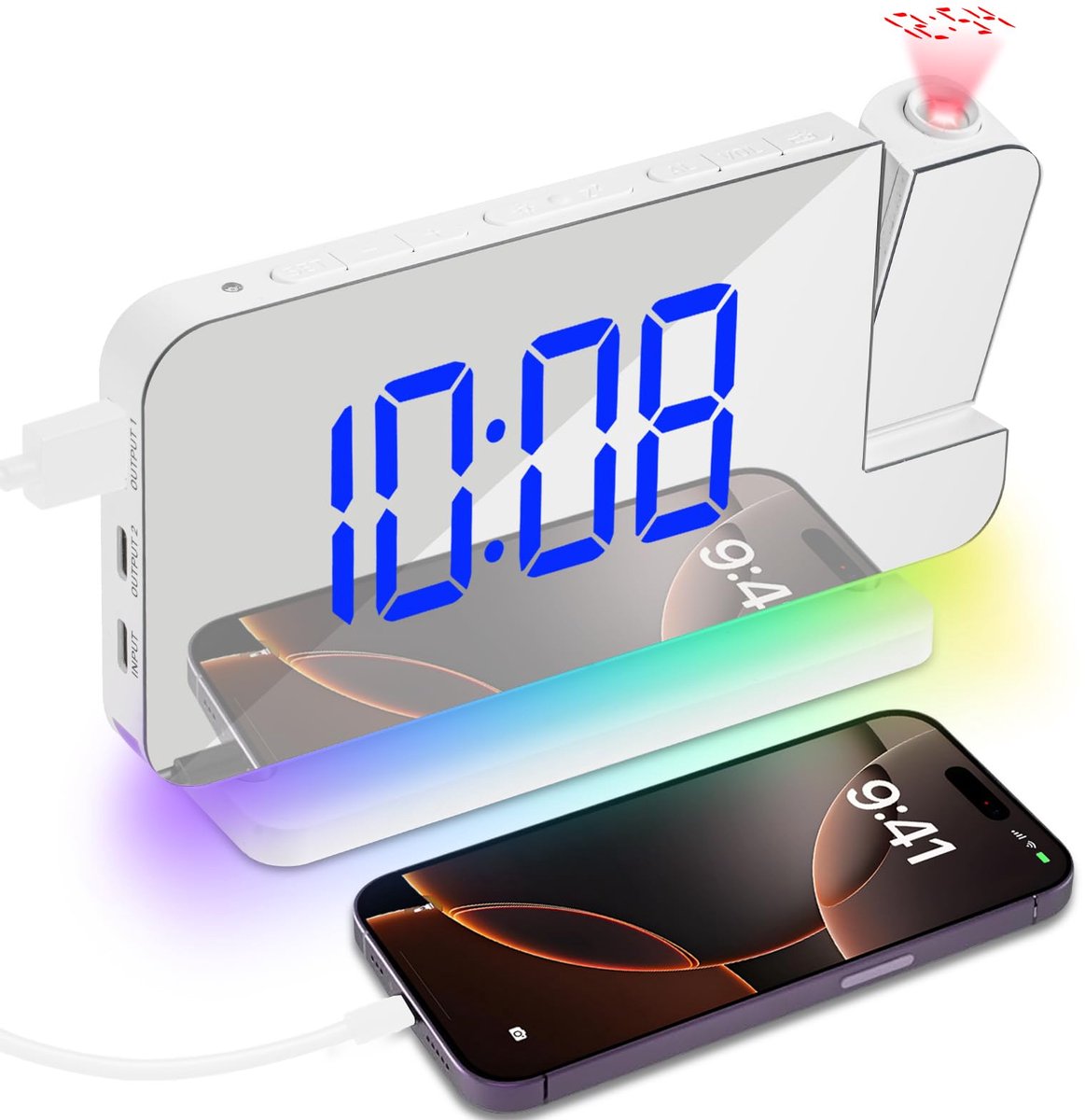 carmdering - Projectie Wekker - Digitale Klok Met Projectie - LED Alarmklok - 180° Draaibare Projectie - RGB Kleurmodi - ABS Kunststof - Automatische Dimfunctie - Ideaal Voor Slaapkamer - 1 Stuk