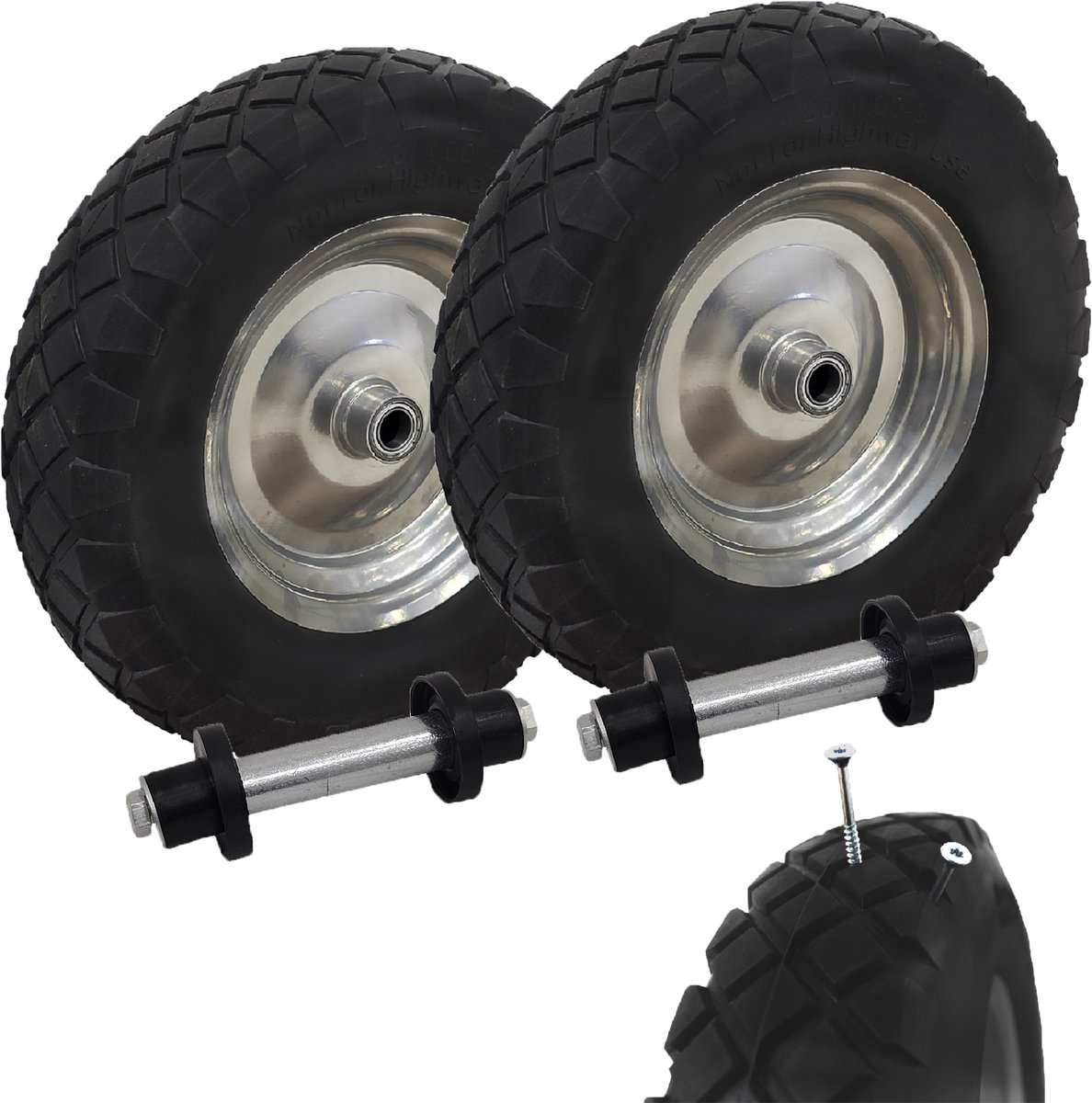 2x kruiwagenwiel lekvrij massief rubber 4.80/4.00-8 grijs/zwart + as Reservewiel Banden PU