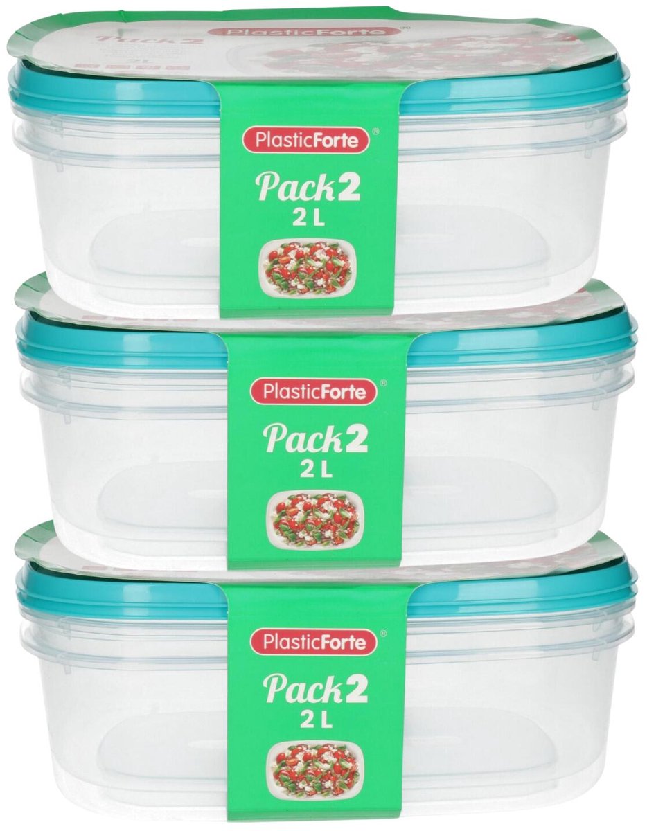 Plasticforte Vershoudbakjes - 6x stuks - 2 liter - herbruikbaar - transparant/blauw - kunststof - magnetron - vriezer