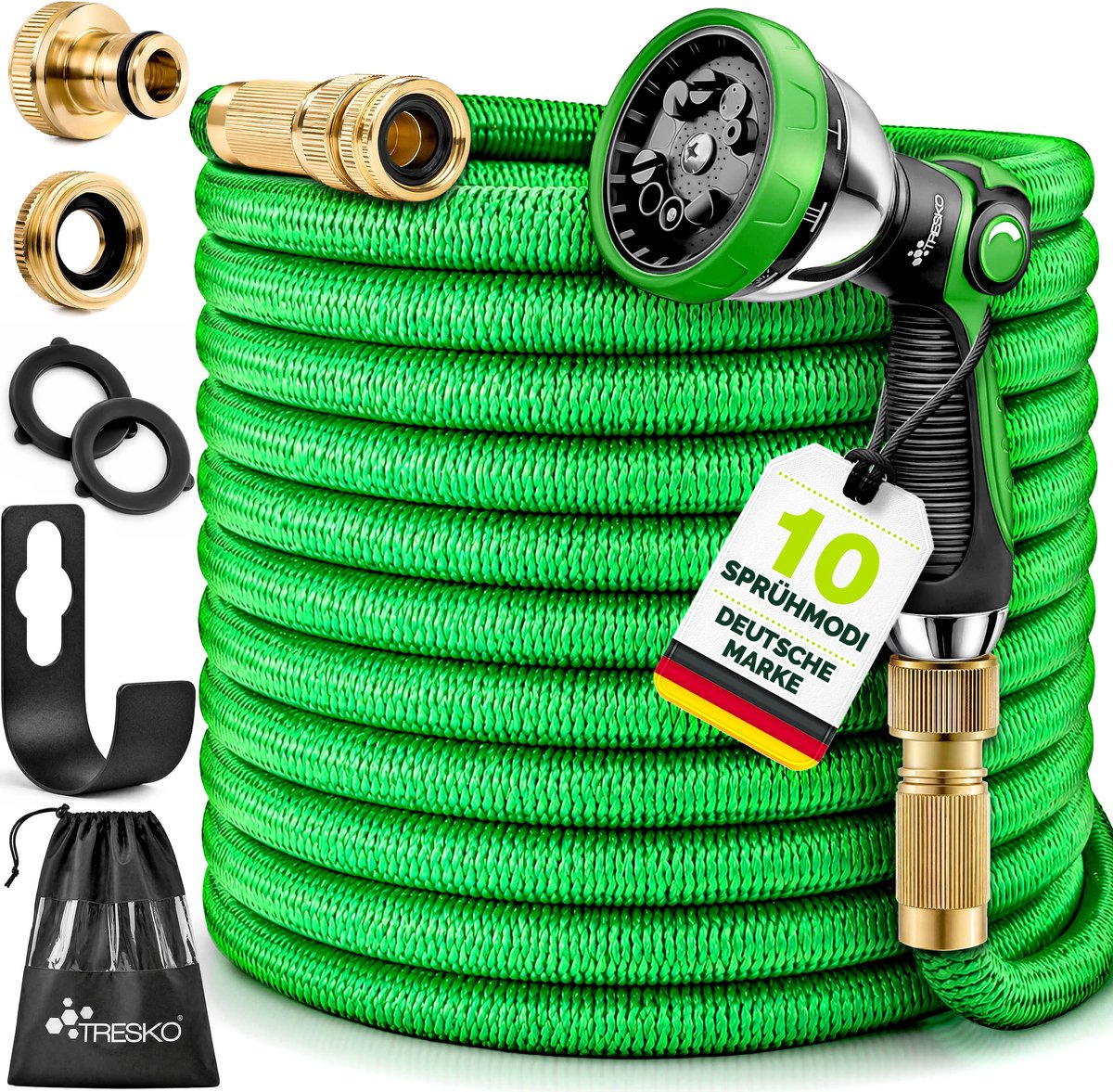 TRESKO® Premium Flexibele Tuinslang 60m Uitgerekt | Rekbare Waterslang met Drievoudige Latexkern | 7-Standen Sproeikop | Tuinsproeier | Tuin Besproeien | alle schroefverbindingen zijn van hoogwaardig messing