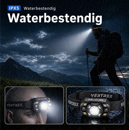 Vertrex Hoofdlamp LED Oplaadbaar - Instelbare Lichtbundel - Hoofdlampje - Hoofdlampen - Hardloop Licht - Hoofdzaklamp - USB-C – IPX5