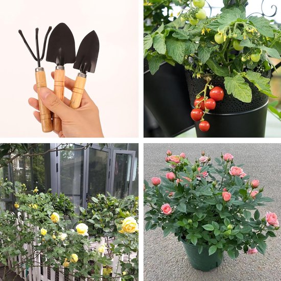 6-delige set met miniatuurtuingereedschap - De set bevat een schepje, harkje en klauwtje voor planten, wieden en grondbewerking - Roestvrij staal met houten handvatten - Ideaal voor balkons, moestuinen en als cadeau voor beginnende tuiniers van Merkloos	 — afbeelding 5