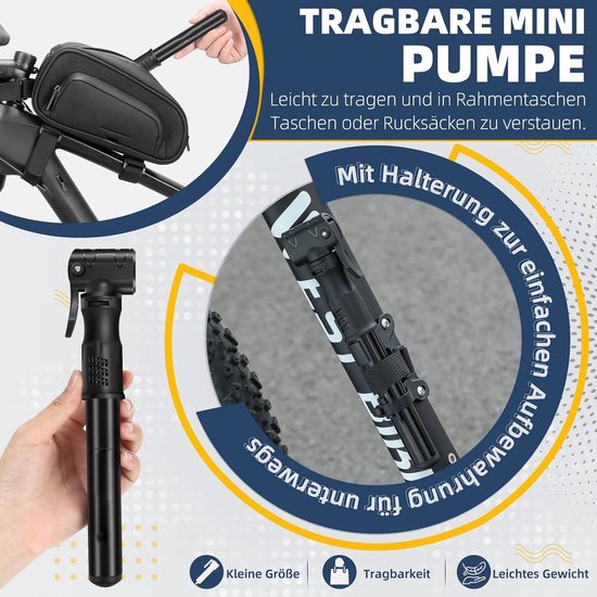 Fietspomp - Mini fietspomp - Draagbare fietspomp - Aluminium - Lichtgewicht - Voor alle ventielen, MTB, racefiets, ballenpomp — afbeelding 3