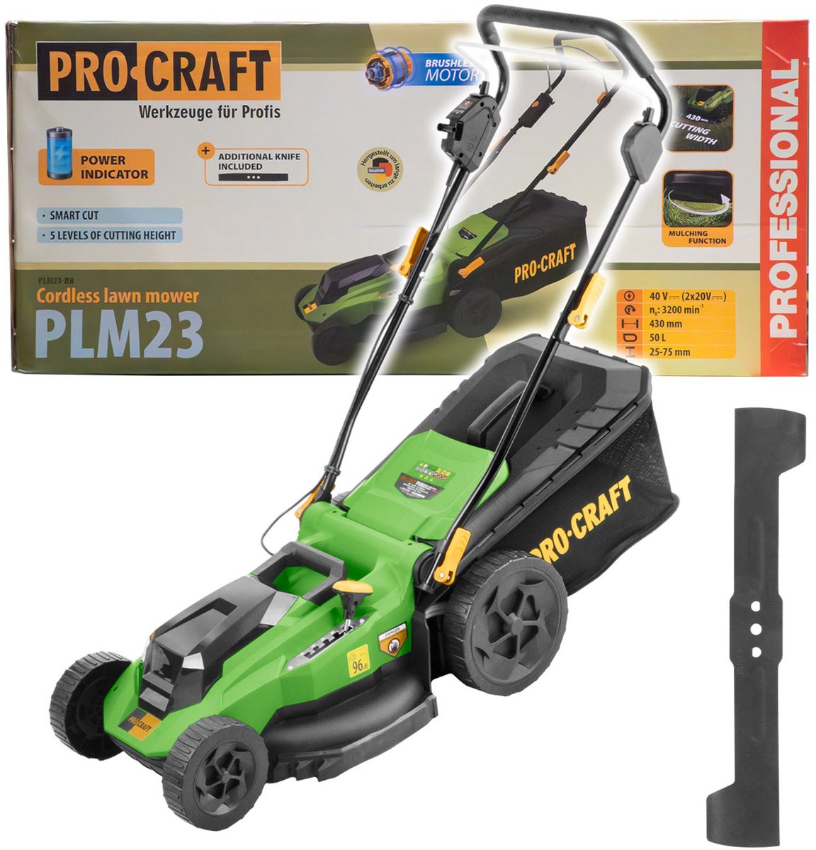 Procraft PLM23bb accu-grasmaaier 40 V (2x 20 V) 430 mm Brushless Solo – zonder accu, zonder oplader