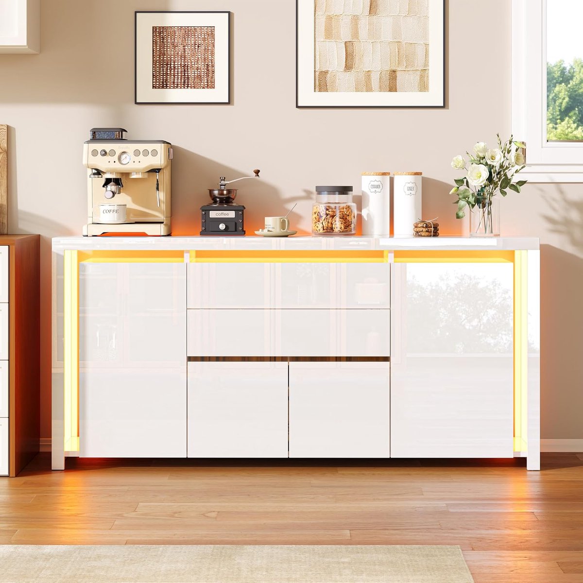 Lumière Luxe LED Dressoir Hoogglans Wit 160 x 35 x 76 cm met 4 Deuren en 2 Lades – Modern High Gloss Buffetkast met RGB LED Verlichting voor Woonkamer, Eetkamer, Slaapkamer en Hal